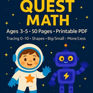 May include: A navy blue educational book cover with the title "COSMIC QUEST MATH" in yellow. It features an astronaut and a robot, with text indicating the book is for ages 3-5, 50 pages, and a printable PDF. The author is Lockhart Academia.