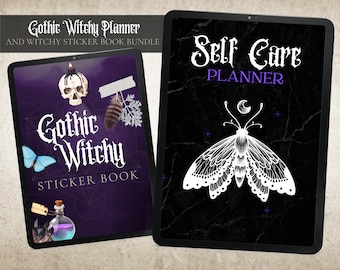 May include: Two digital planners: "Gothic Witchy Sticker Book" with a skull, butterfly, and potion bottle, and "Self Care Planner" with a moth illustration. Both have dark backgrounds and gothic fonts. The bundle is labeled "Gothic Witchy Planner and Witchy Sticker Book Bundle."