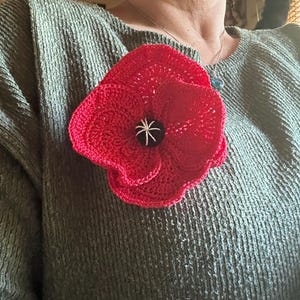 May include: A vibrant red crochet poppy, a symbol of remembrance, pinned to a green sweater. The poppy has a black and white center. The handmade flower is a traditional emblem worn in the UK.