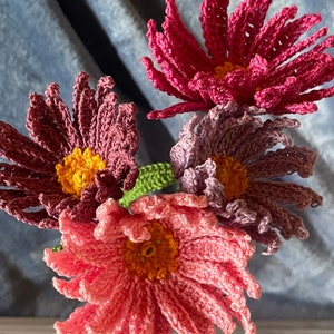 May include: A bouquet of handmade crochet flowers in shades of pink, purple, and burgundy. The flowers have yellow centers and green leaves. The soft texture and vibrant colors create a charming, handcrafted floral arrangement.