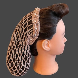Vintage Crochet Hair Snood: Beaded Cotton Hair Net with Crocheted Flowers