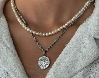 Chaîne Boussole Argent | Chaîne de corde torsadée de 3 mm | Collier pendentif étoile du Nord | Médaillon Boussole | Chaîne avec pendentif | Idée Cadeau Homme