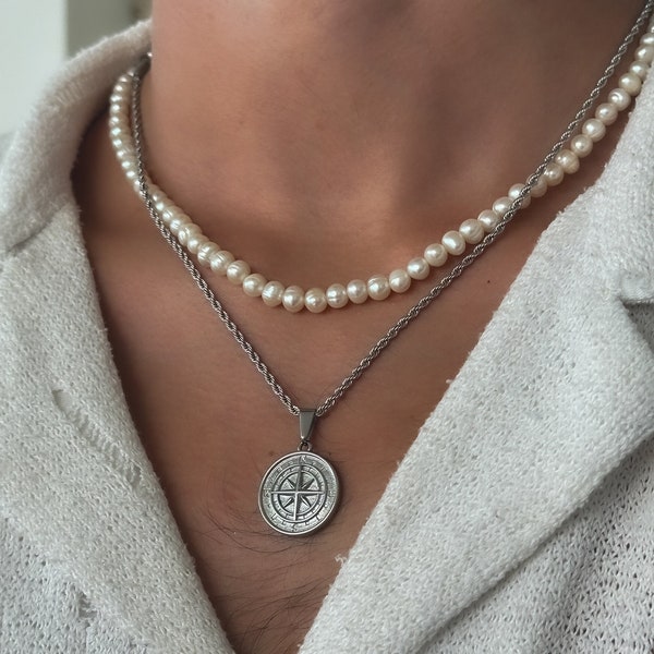 Compass Chain Silver | North Star Necklace Men | Compass Medallion | 2mm Twisted Rope Chain | Minimalistic Jewelry Men | Gift Idea Men