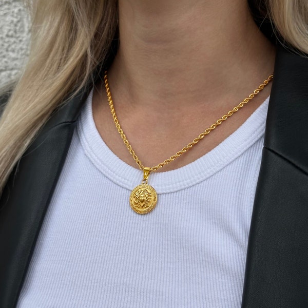 Medusa Chain Gold Women | Snake Head Necklace Gold | Medusa Medallion | 3mm Twisted Rope Chain | Greek Mythology Jewelry | Gold Chain Women