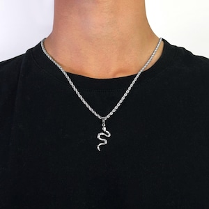 Może przedstawiać: Srebrny naszyjnik z wisiorkiem w kształcie węża. Wisiorek to szczegółowy, stylizowany wzór węża. Łańcuszek naszyjnika ma styl liny. Osoba na zdjęciu ma na sobie czarną koszulkę.