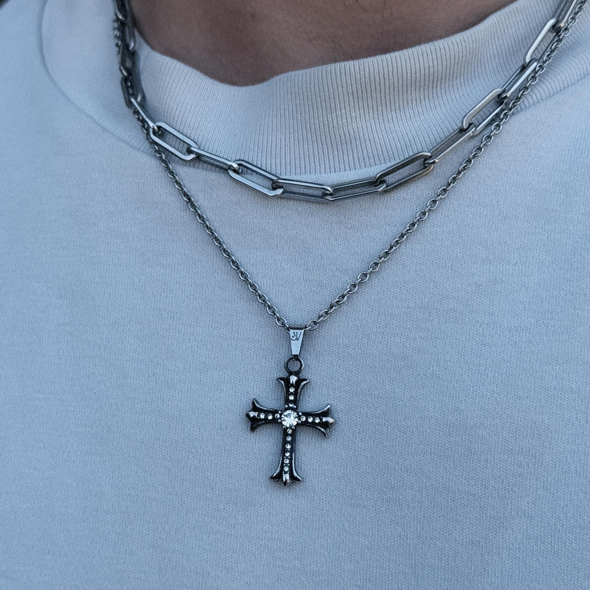 【EMOstanceclub】FANATICS DOUBLE TWISTED CHAIN / ANTIQUE SIL Iced Out Cross Chain | Y2K Jewelry | Gothic Cross | 2mm Rolo