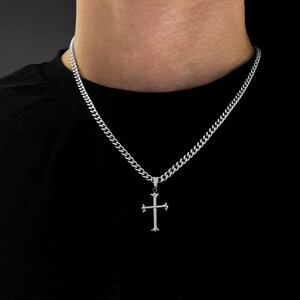 Cross Chain Silver | Crucifix Necklace Pendant | 4mm Cuban Link Chain | Cross Pendant | Confirmation Cross | Gift Idea Men