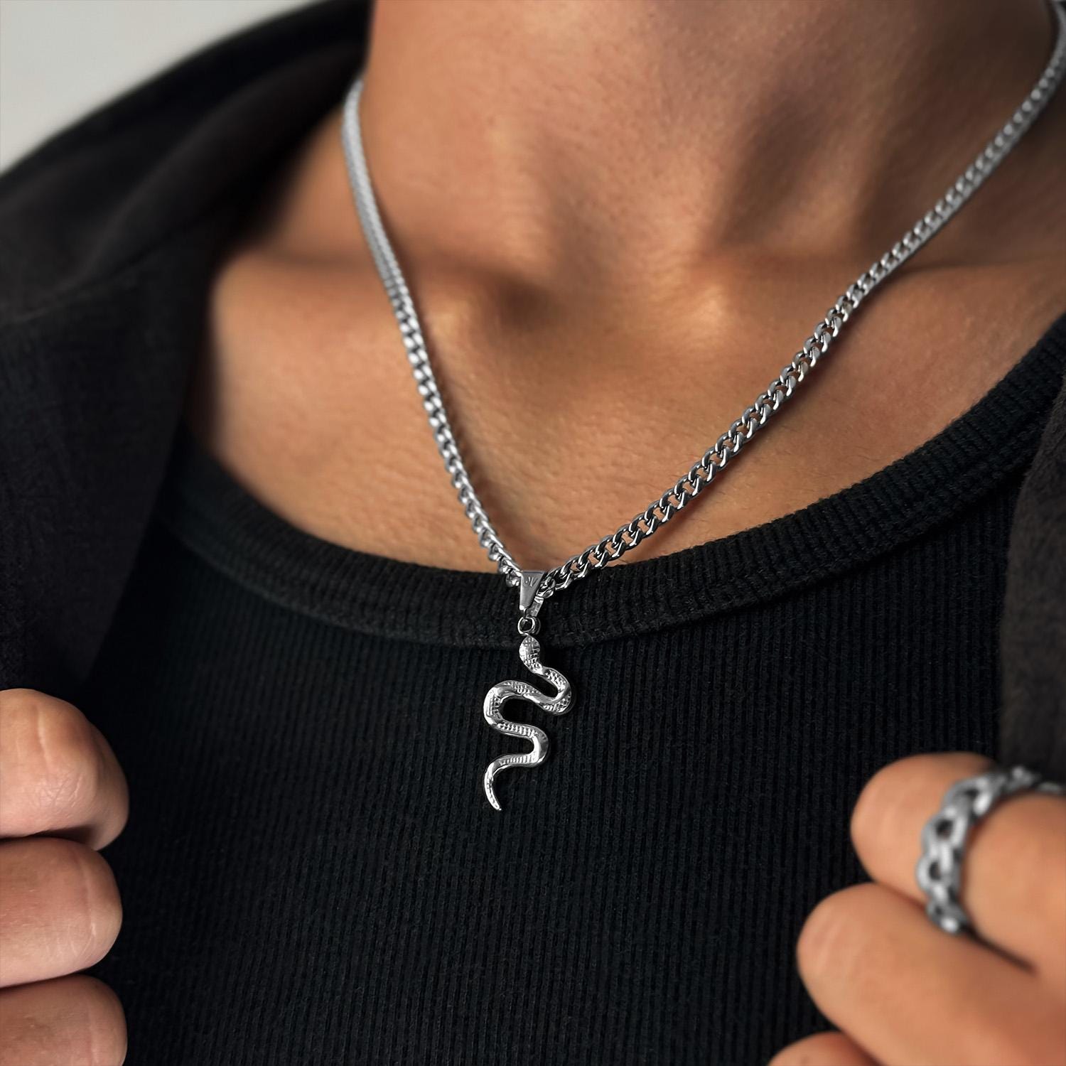 Snake Chain Silver | 4 mm Cuban Link Necklace | Viper Chain Men | Snake Pendant Necklace | Techno Rave Chain | Silver Jewelry Men | Gift idea