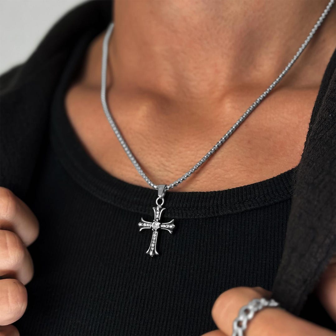SETUP-EXE★韓国★人気★STAR CROSS NECKLACE / SILVER Y2K Moonstone Cross Star Thorns Necklace Kpop Double Layer