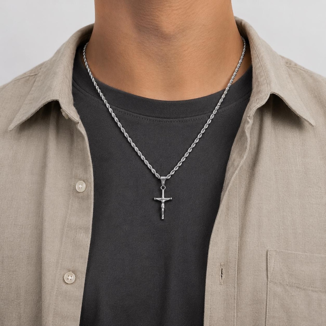 Jesus Cross Chain Silver | Crucifix Necklace Men | 3mm Twisted