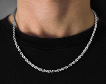 Catena in corda intrecciata in argento da uomo - Collana in corda da 4 mm - Catena streetwear in argento - Gioielli resistenti e impermeabili - Idea regalo per lui