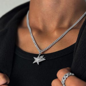 Star Chain Silver Men | 4mm Cuban Link Chain | Chain with Pendant | Streetwear Jewelry Men | Star Necklace Pendant | Space Chain Silver