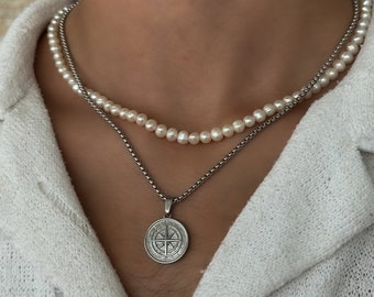 Chaîne Boussole Argent | Collier pendentif étoile du Nord | Médaillon Boussole | Chaîne de boîte de 2,5 mm | Collier en Argent Hommes | Idée cadeau