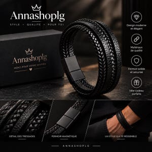 Peut inclure: Un bracelet noir à plusieurs brins composé de cordons tressés et texturés, fermé par un fermoir magnétique noir mat. Le bracelet est présenté avec une boîte cadeau noire marquée Annashoplg et inclut du texte détaillant le design, la qualité et le fermoir.