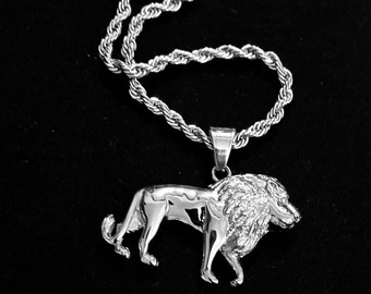 Walking Lion Pendant Stainless Steel with Rope Chain