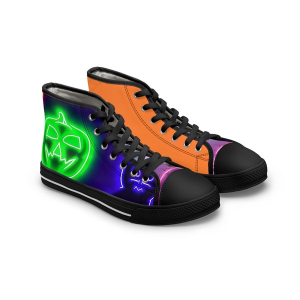 Halloween High-Top Women's Shoes | Neon Bats & Cats | Shock Absorbing | Memory Foam Insoles | Black/White Sole and Laces