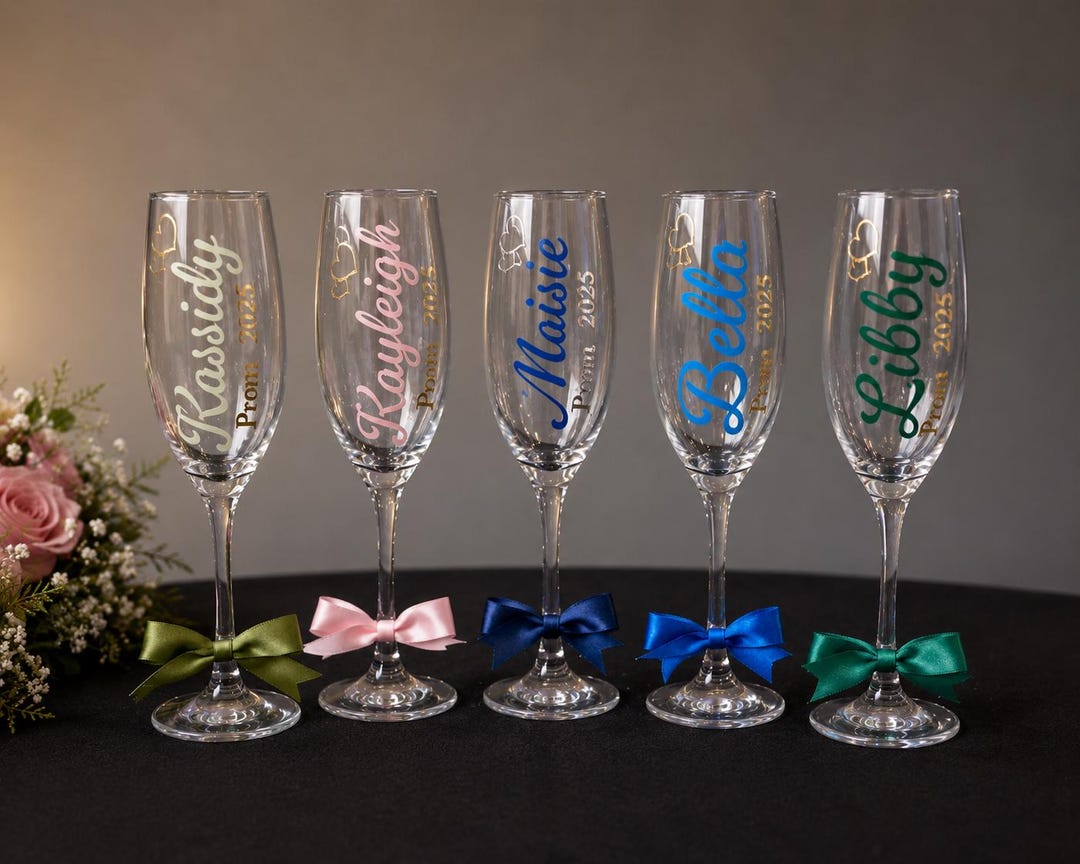 Prom Flutes Personalised Glass Champagne Flutes / Wedding Morning / Bridesmaid ...