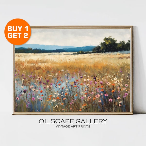 Printable Wildflower Field | Landscape Oil Painting | Vintage Farm House | Country Field | Printable Art | Digital Download