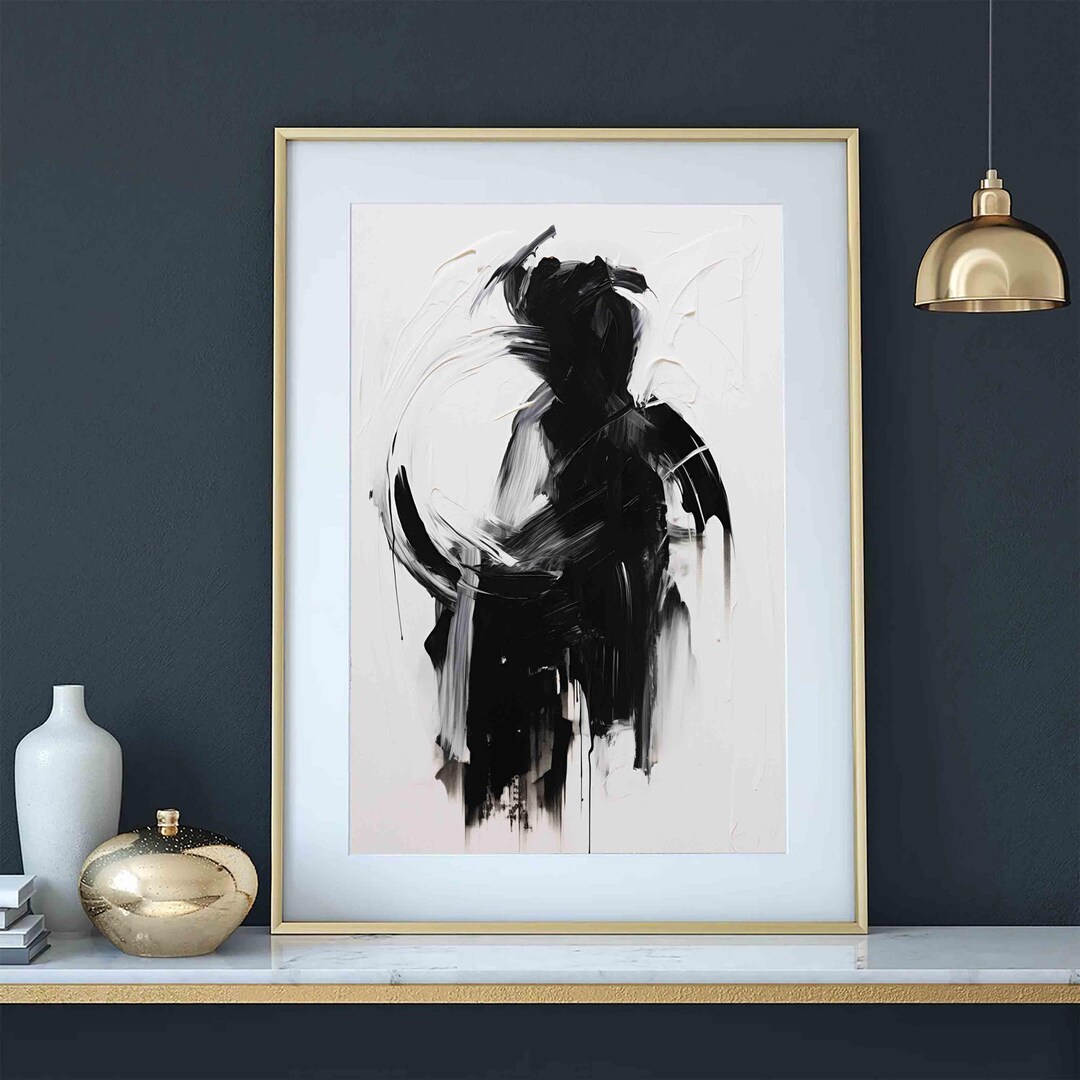 Abstract Expressive Black and White Painting Print, Bold Brush Strokes ...
