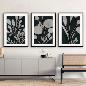 Botanical Wall Art Prints, Set of 3, White on Black Silhouette, Printable Wall Decor, Minimal Plants Leaves Flowers, Abstract, Modern Boho