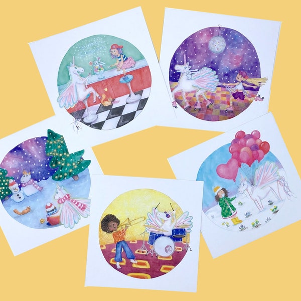Postcards set van 5 - unicorn watercolor illustration - ansichtkaarten met eenhoorn originele aquarel illustratie - meisjes - vriendschap