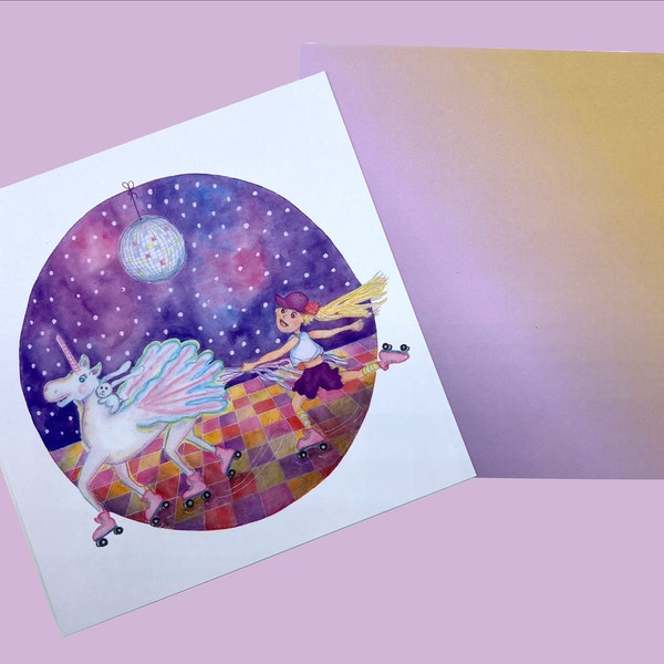 Postcard Unicorn roller blade disco watercolor illustration - ansichtkaart met eenhoorn originele aquarel illustratie
