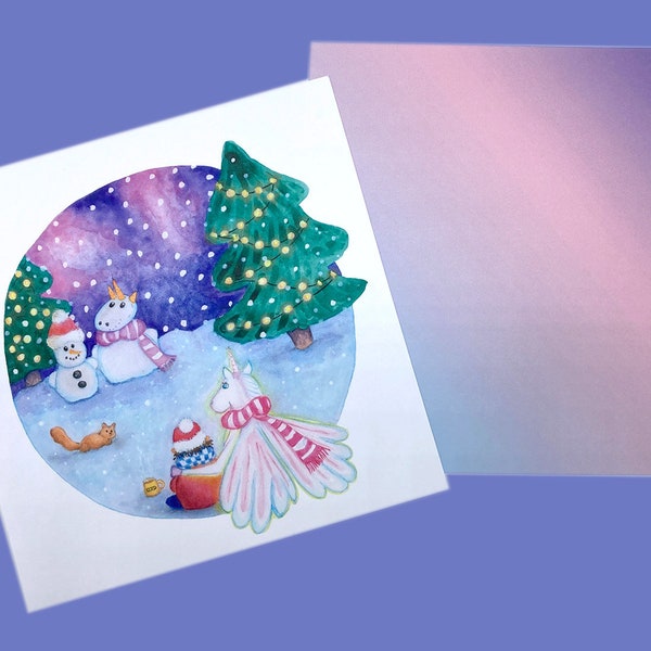 Postcard Xmas unicorn watercolor illustration - Christmas ansichtkaart met eenhoorn originele aquarel illustratie