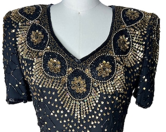 Sukienka imprezowa Stenay Silk w kolorze czarno-złotym z koralikami i cekinami
