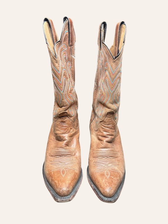 Justin Brown Leather Cowboy Boots Size 8 B, Colorful Embroidered Western Boots, USA Made, Pointed Toe