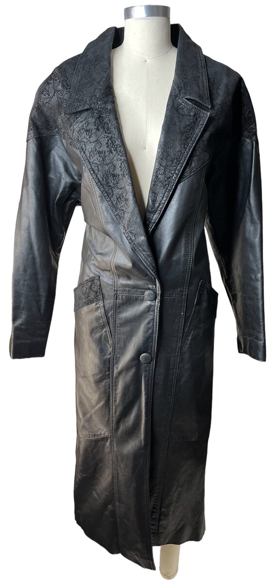 Winlit Black Leather Trench Coat With Floral Print