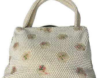 Jaren 50 corde kraal vintage portemonnee met kralen geborduurde bloemen
