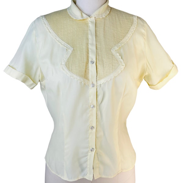50’s Bozart By Helitzer Hand Detailed Pale Yellow Short Sleeved Pleated Blouse