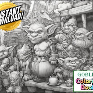 World of Goblins | Premium Coloring Page | Printable Goblin Adult Fantasy Colouring Pages Book Instant Download Grayscale Illustration