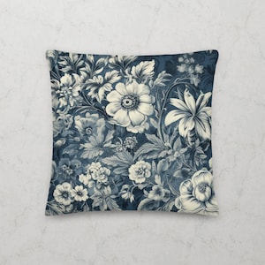 Toile de Jouy Blue Flowers Pattern Premium Designer Throw Pillow Exclusively Designed by Veronica Leroux | Printed & Ships From USA
