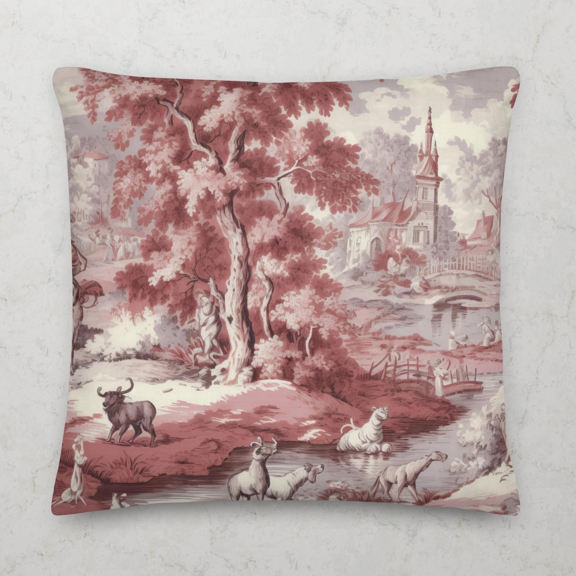 Red Toile de Jouy Pattern Premium Throw Pillow by French Designer Veronica Leroux | Printed & Ships From USA