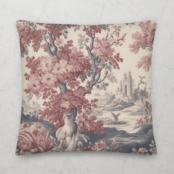 Rouge Toile de Jouy Birds Trees Pattern Premium Throw Pillow by French Designer Veronica Leroux | Printed & Ships From USA