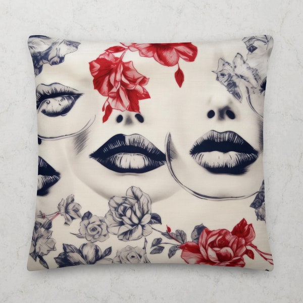 Toile de Jouy Lips Flower Pattern Premium Throw Pillow by French Designer Veronica Leroux | Printed & Ships From USA | Royal Blue / Rouge