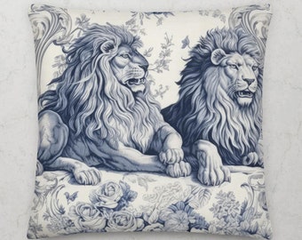 Toile de Jouy Pattern Premium Throw Pillow by French Designer Veronica Leroux | Blue Lions | Pillows Princess Haute Couture