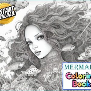 World of Mermaids | Premium Coloring Page | Printable Mermaid Adult Fantasy Colouring Pages Book Instant Download Grayscale Illustration