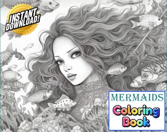 World of Mermaids | Premium Coloring Page | Printable Mermaid Adult Fantasy Colouring Pages Book Instant Download Grayscale Illustration