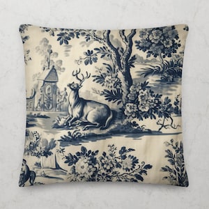 Royal Blue Toile de Jouy Pattern Premium Throw Pillow by French Designer Veronica Leroux | Printed & Ships From USA