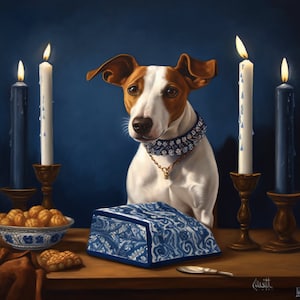 May include: A white and brown Jack Russell terrier dog wearing a jeweled collar sits in front of three lit candlesticks. The dog is looking to the left of the image. The candlesticks are on a wooden table with a blue and white patterned box and a bowl of nuts in front of the dog.