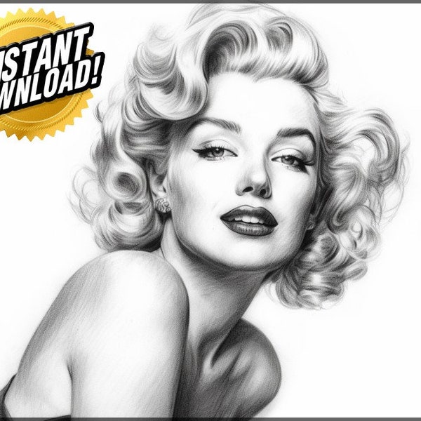 Marilyn Monroe | Premium Coloring Pages | Printable Hollywood Icon Adult Colouring Page Book Instant Download Grayscale Illustration Images