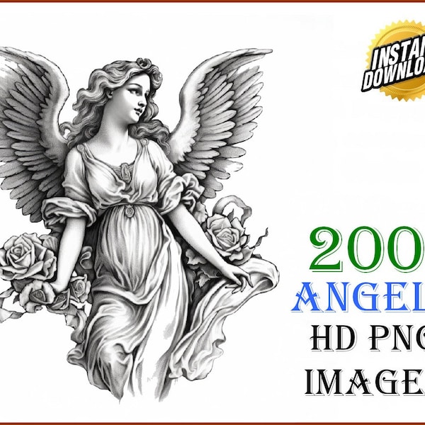 200 Original Colorful Heavenly Angels Clip Art Designs HD PNG Image Bundle - T-Shirts, Branding, Tattoos, Greeting Cards Sublimation POD