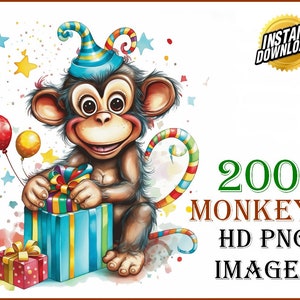 200+ Original Colorful Monkeys Clip Art Designs HD PNG Image Bundle - T-Shirts, Branding, Tattoos, Greeting Cards Sublimation POD Monkey