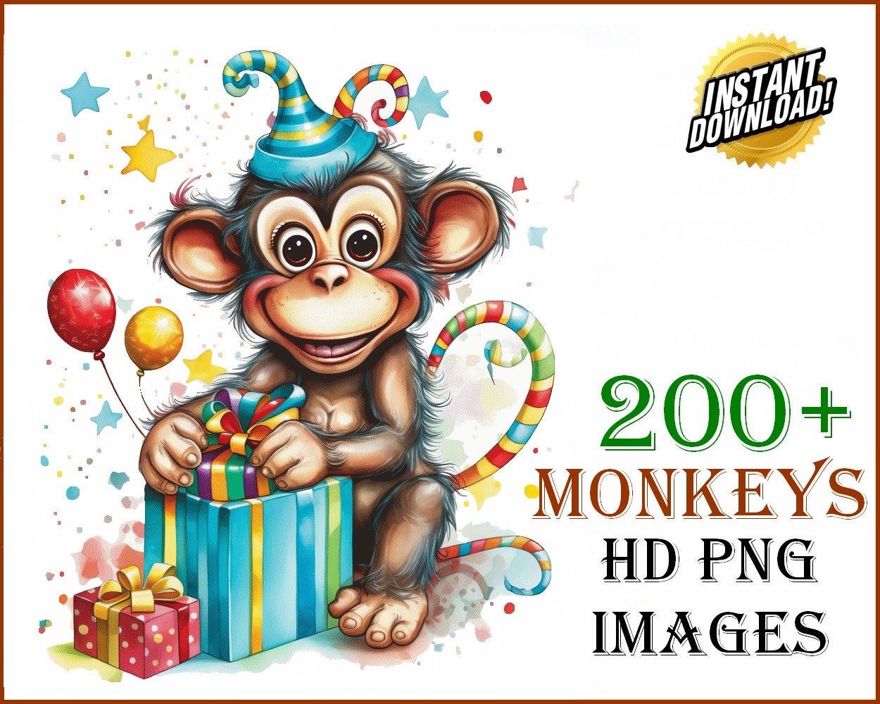 200+ Original Colorful Monkeys Clip Art Designs HD PNG Image Bundle - T-Shirts, Branding, Tattoos, Greeting Cards Sublimation POD Monkey