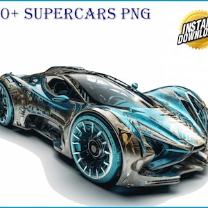 以下が含まれることがあります： 未来的なシルバーとティール色のスーパーカー。精巧なディテールが特徴です。ティール色のアクセントが付いた大きなホイールと、流線型のデザインが特徴です。「220+ SUPERCARS PNG」というテキストと、「INSTANT DOWNLOAD!」と書かれた金のバッジがあります。