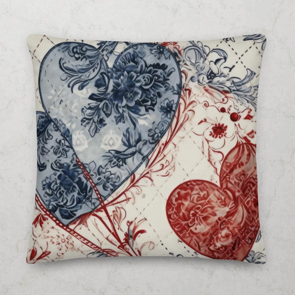 Toile de Jouy Pattern Premium Throw Pillow by French Designer Veronica Leroux | Hearts Blue Rouge | Pillows Princess Haute Couture