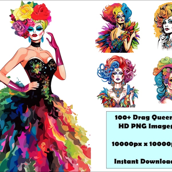 Express Your Fabulousness with Our 100+ Printable Drag Queens PNG Bundle - Perfect for Design Projects, Tshirts and Artistic Creations