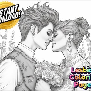 Lesbian Pride | Premium Coloring Page | Printable Adult Fantasy Art Colouring Pages Book Instant Download Grayscale Illustration Butch Femme